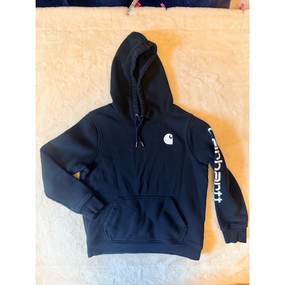 Carhartt Relaxed Fit Hoodie Black Logo Sleeve Graphic Sweatshirt Sz L 12-14